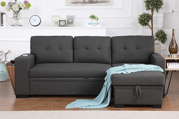 Devion Furniture Maison 4-in-1 Convertible L Shaped Couch with Pull Out Bed and Storage, Sectional Sleeper Sofa with Reversible Chaise for Living Room, Apartment, Bedroom, Office