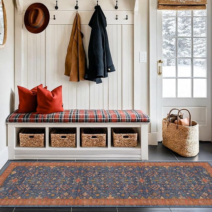 Navy Blue Washable Hallway Runner Rug 2x10 Non Slip Rugs for Kitchen, Mudroom, Bathroom, Hall Way - 10 ft Long Dark Boho Geometric Decor, Fade & Stain Resistance