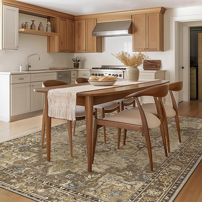GENIMO 9x12 Area Rugs for Living Room, Machine Washable Non Slip Vintage Rugs, Low Pile Lightweight Chenille Print Rug for Bedroom, Dining Room, Home Office, Rustic Brown