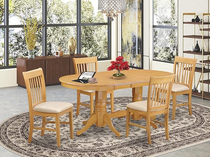 East West Furniture VANO5-OAK-C 5 Piece Dining Set Includes an Oval Dining Room Table with Butterfly Leaf and 4 Linen Fabric Upholstered Kitchen Chairs, 40x76 Inch, Oak
