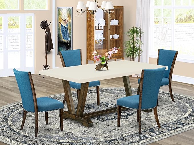 East West Furniture V727VE721-5 5 Piece Modern Dining Table Set Includes a Rectangle Wooden Table with V-Legs and 4 Blue Color Linen Fabric Upholstered Chairs, 40x72 Inch, Multi-Color