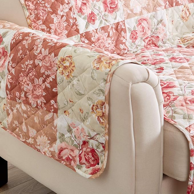 Great Bay Home Reversible Floral Patchwork Furniture Protector Scalloped Edge Stain Resistant Printed Furniture Protector Maribel Collection (Recliner, Burgundy/Taupe)