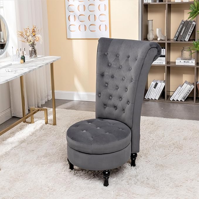 Container Furniture Direct Royal High-Back Velvet Accent Chair for Vanity with Storage and Luxurious Upholstery, Retro Design and Versatile Usage for Livingroom, Bedroom, Lounge and Office, Grey