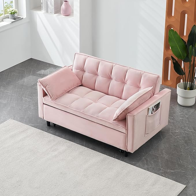 Ball & Cast 3 in 1 Convertible Sleeper Sofa Bed,Velvet Futon Couch with Pull-Out Bed,Convertible Pull Out Couches W/ 2 Pillows,Adjustable Backrest & Side Pocket,for Living Room,Apartment,Pink,55"