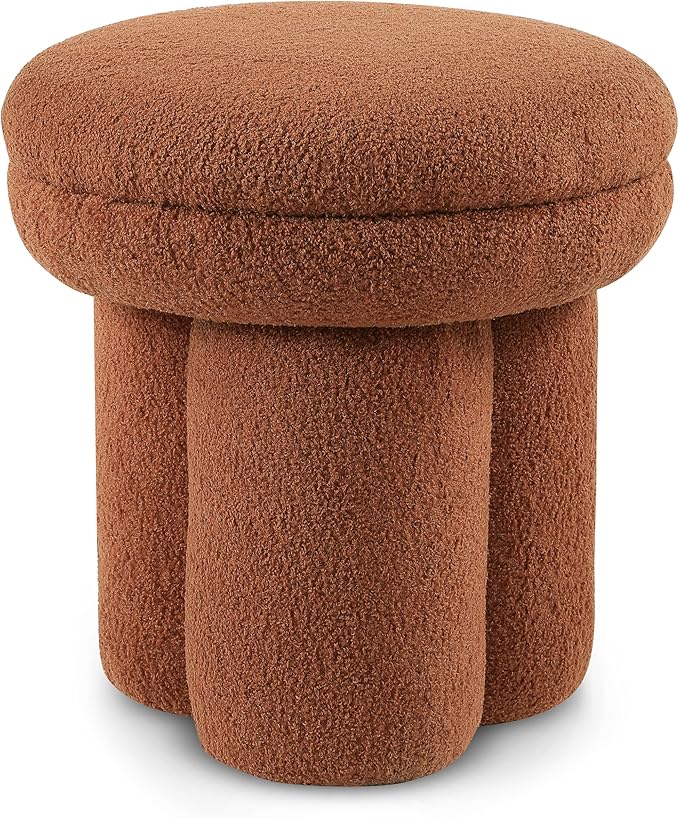 Furniture of America Rami Modern 18-inch Mushroom-Shape Upholstered Ottoman with Tri-Pillar Pedestal, Vanity Stool Chair, Small Foot Stool for Bedroom, Living Room, Entryway, Saddle Brown