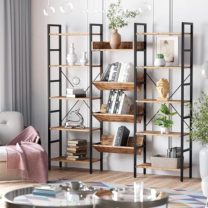 IRONCK Bookshelves and Bookcases 5 Tiers, Triple Wide Industrial Bookshelf, Large Etagere Bookshelf, Display Storage Bookshelves with Metal Frame for Living Room, Home Office