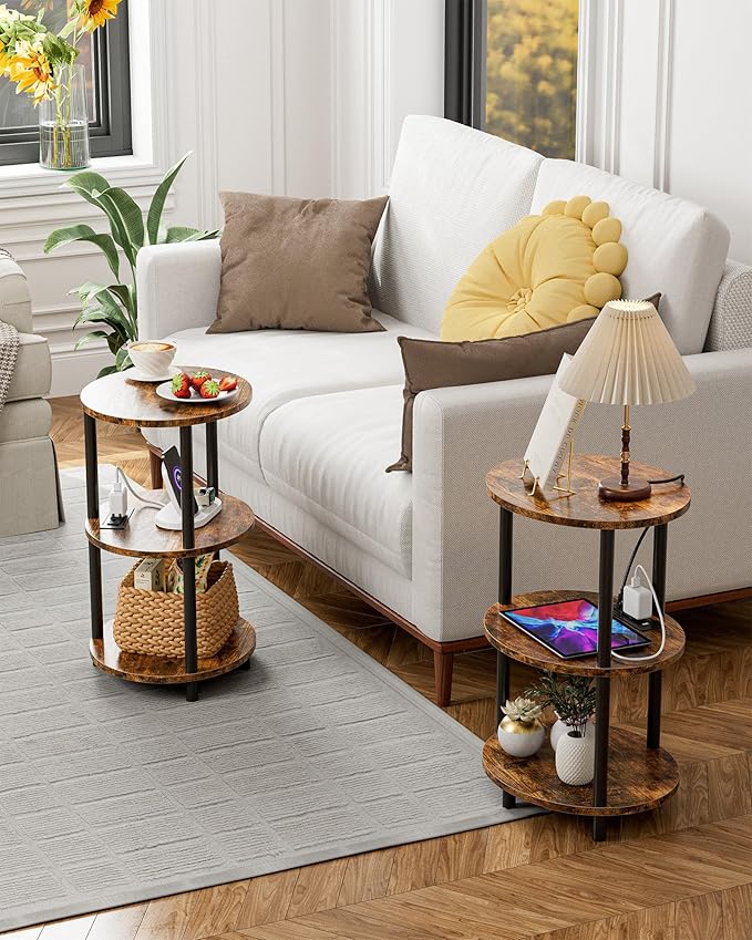 Small Round Side Table - 3-Tier Oval Accent Table for Small Spaces, Rustic Wood and Metal Nightstand for Living Room or Bedroom, with Built-in USB Ports and Power Outlet, Rustic Brown