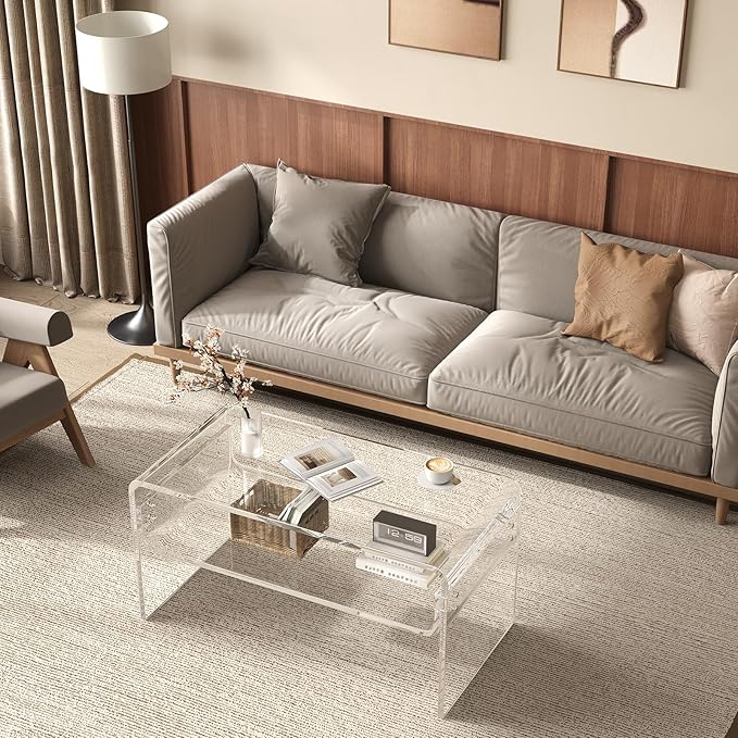2-Tier Acrylic Coffee Table, Side End Table with Storage Shelf, Modern Center Table for Living Room, Office, Bedroom, Home Small Space, Easy Assembly (Clear)