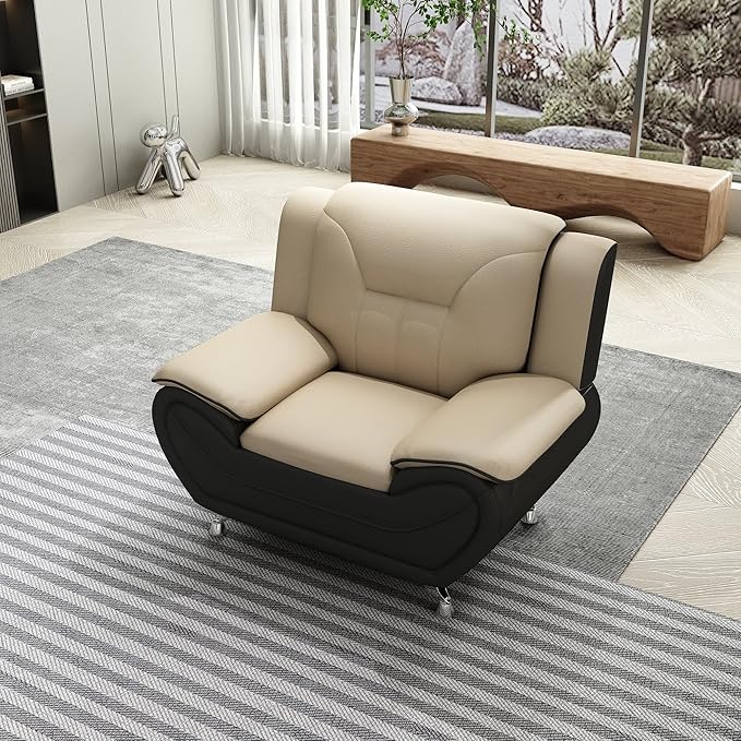 Container Furniture Direct Michael Modern Faux Leather Upholstered Stainless Steel Legs Living Room Sofa, Chair, Camel/Black