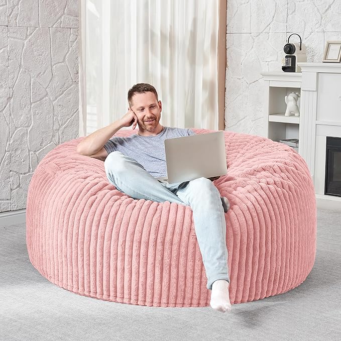 HABUTWAY 4FT Bean Bag Chair, 4' Large Bean Bag Chairs for Adults with Removable Stripe Plush Cover, Memory Foam Beanbag Chair for Living Room Bedroom Dorm (Tender Pink)