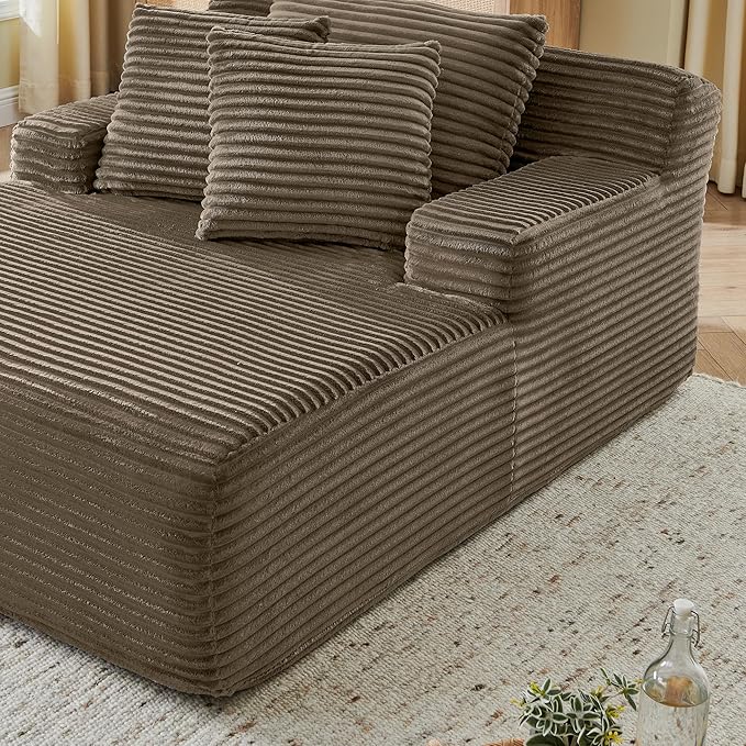 Oversized Chaise Daybed Lounge Sleeper Chair Sofa Bed Indoor, Fluffy Corduroy Upholstered Sleeper Recliner Sofabed Extra Wide Full Foam Cloud Sofabed W/3 Pillows for Home/Apartment Living Room Bedroom