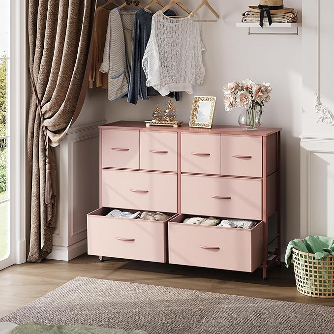 WLIVE 8 Drawer Dresser for Bedroom, Wide Fabric Dresser Storage Organizer, Chest of Drawers with Wood Top, Sturdy Steel Frame, Dressers for Living Room, Closet, Hallway, Pink