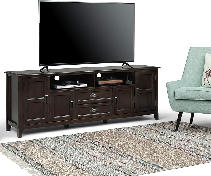 SIMPLIHOME Burlington SOLID WOOD 72 inch Wide Transitional TV Media Stand in Mahogany Brown For TVs up to 80 inches for the Living Room and Entertainment Center
