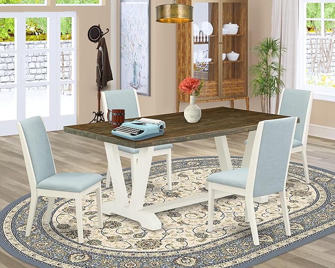 East West Furniture V077LA015-5 5 Piece Dinette Set Includes a Rectangle Dining Room Table with V-Legs and 4 Baby Blue Linen Fabric Upholstered Parson Chairs, 40x72 Inch, Multi-Color