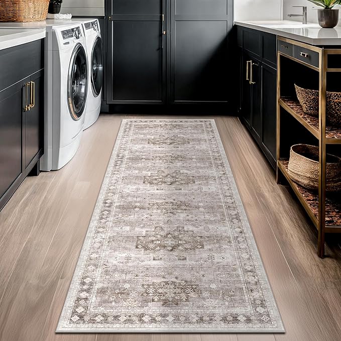 Boho Long Bathroom Runner Rug 24 x 72 Washable Non Slip - Soft Stain Reistant Rugs for Kitchen, Laundry Room, Hallway Runner - Neutral Floral Design Décor (2x6 Beige/Latte)