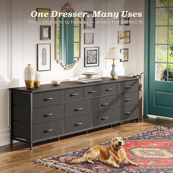 Huuger 70 Inch Black Dresser for Bedroom, TV Stand for 65, 75, 80 Inch TV, 13 Fabric Drawer Long Dresser, Wide Chest of Drawer, Storage Units for Bedroom