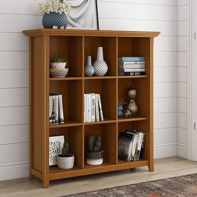 SIMPLIHOME Acadian Bookcase - 44 inch Tall 9-Cube Solid Wood Cube Organizer in Light Golden Brown, Transitional Bookcase Storage for Living Room, Study or Office with Fixed Shelves and Tapered Legs