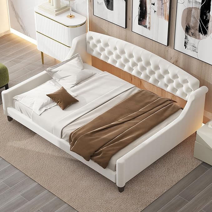 Full Size Modern Luxury Tufted Button Daybed, Stylish Wood Upholstered Day Bed,No Box Spring Required, Easy Assembly,for Bedroom,Living Room and Guest Room,Den,Office,Beige
