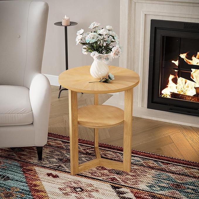 MODERION Round End Table, Rustic Side Tables with Storage Shelf, Classic Circular Solid Wood Beside Table-, 2-Tier Telephone Tables-, Nightstand, 24”H x 19.3”D for Living Room Wood Natural BZ3338OA