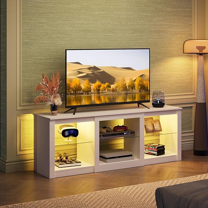 WLIVE LED TV Stand for 65 Inch TV, Modern Entertainment Center with Adjustable Glass Shelves & Customizable LED Lights, Sturdy Media Console for Living Room, Bedroom,Gaming (Gray Oak)