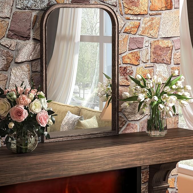 20"x30" Solid Wood Bathroom Mirror Arch Tempered Glass for Wall Mounted, Rustic Wood Frame Wall Mirror Decorative for Living Room Bedroom Vanity Mirror Entryway Mirror, Rustic Brown