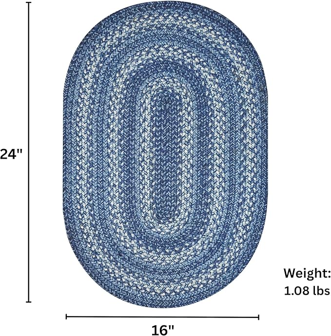 Denim Blue Jute Braided Oval Rugs, 16x24 - Country Style Coastal Decor, Perfect for Laundry Rooms, Bathrooms and Entryways - Durable and Easy to Clean