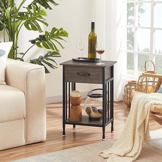 VECELO Nightstands, Industrial Side Table/End Tables with Drawer and Storage Shelf, Night Stands for Bedroom, Living Room, Wood Metal Furniture, Easy Assembly