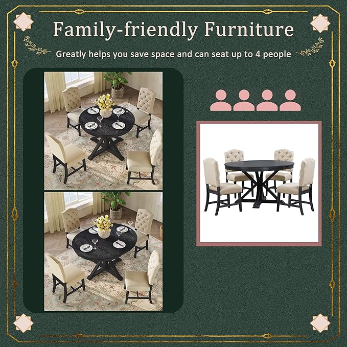 Merax 5-Piece Retro Style Dining Room Set with Extendable Table and 4 Upholstered Chairs, Family Kitchen Functional Furniture, Espresso