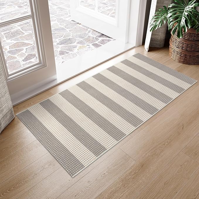 OJIA Front Door Rug 24"x51" Washable Checkered Rug Cotton Woven Small Outdoor Rug Kitchen Entryway Rugs Indoor Doormat Outdoor Entrance Porch Carpet for Bathroom Bedroom (Gray/White/Tan)