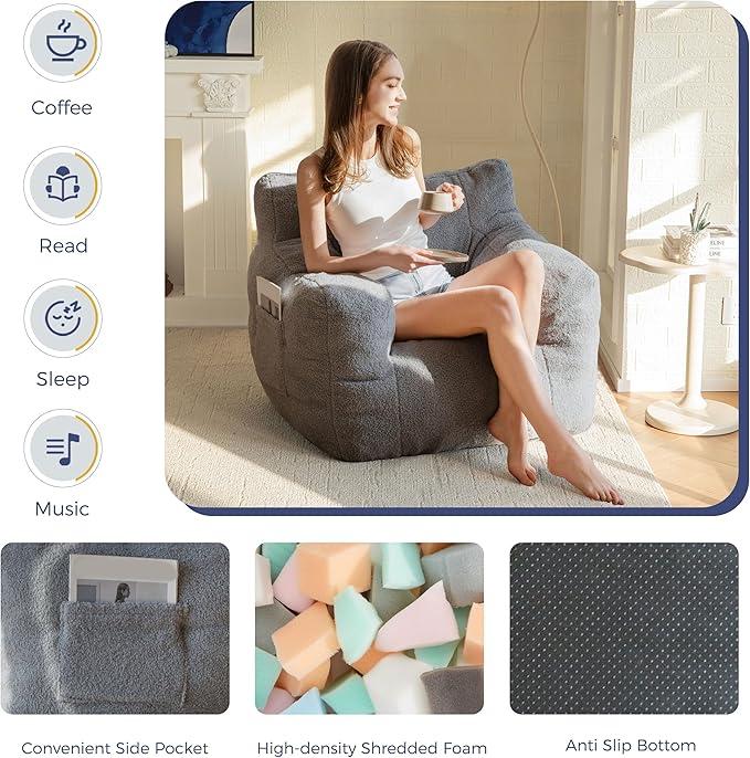 MAXYOYO Bean Bag Chair, Tufted Bean Bag Sofa with Boucle Fabric, Comfy Lazy Chair with Filler, Living Room Sofa for Adults Teens, Accent Couch for Bedroom Dorm, Grey