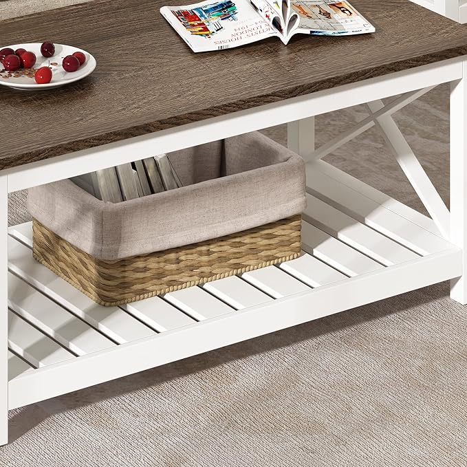 ChooChoo Coffee Table, Rustic Farmhouse Table with Shelf for Living Room, Vintage Finish White