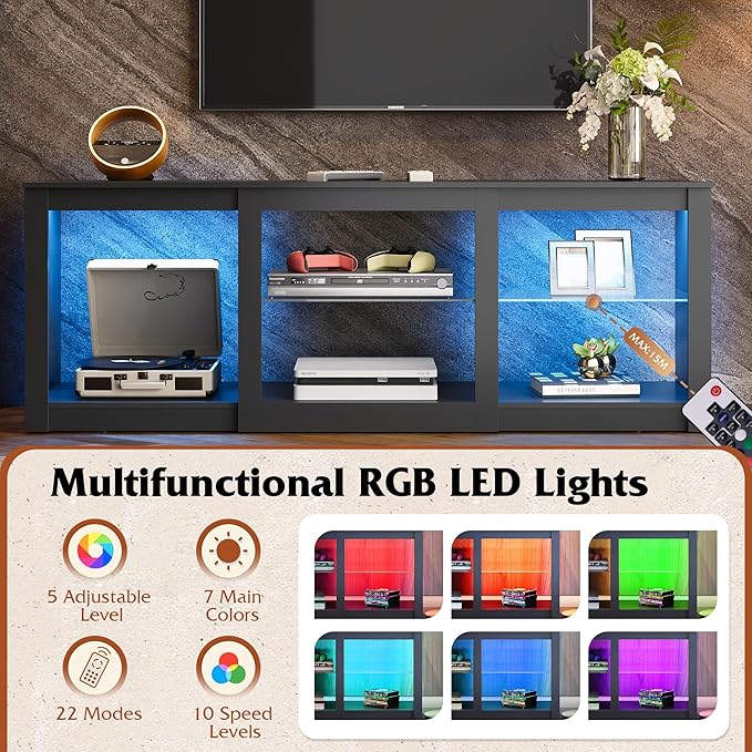WLIVE LED TV Stand for 65 Inch TV, Modern Entertainment Center with Adjustable Glass Shelves & Customizable LED Lights, Sturdy Media Console for Living Room, Bedroom,Gaming (Black)
