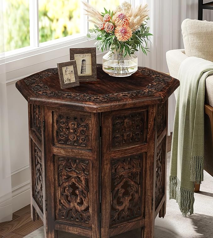 The Wooden Town End Tables for Living Room– Hand Carved Vintage Boho Folding Side Tables for Small Spaces, Entryway, Living Room, Bedroom – No Tools Assembly, 18"x18" Octagon, Scorch Burnt Finish