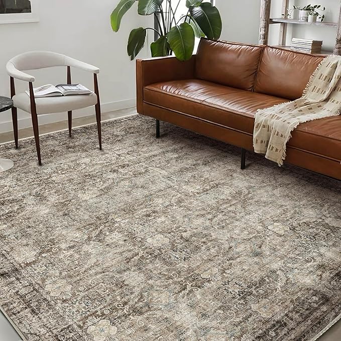Washable Area Rug 9'x12' Retro Boho Design Non-Shedding Easy Care Ideal for High Traffic Areas in Living Room Bedroom Office Coffee Table Kitchen Large Carpet