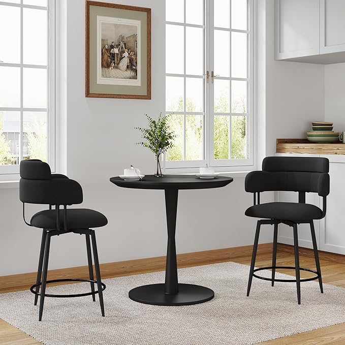 Swivel Bar Stools Set of 2, Counter Height Bar Stools with Ergonomic Full Back, Upholstered Linen Fabric Barstools with Chrome Metal Footrest for Kitchen Island, Dining Room