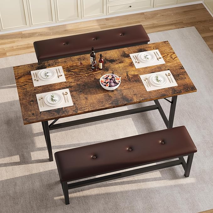 GarveeHome Dining Table Set for 4-6, 63" Extendable Wood Dining Room Table with Corner Protector & 2 Upholstered Benches, Kitchen Table Set for Apartment, Small Space, Easy Assembly, Retro Brown