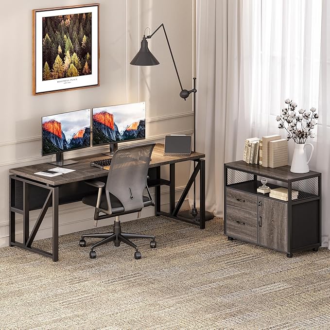 LITTLE TREE 63-Inch Office Desk with 31.5-Inch Lateral File Cabinet, Study Writing Desk Computer Desk for Home Office