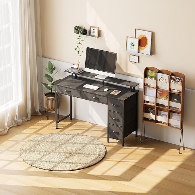 Computer Desk with 5 Drawers, Gaming Desk with LED Lights Power Outlets and Type-C, 47 Inch Office Desk with Storage, Monitor Stand, Writing Desk Work Table for Home Office, Small Spaces, Black