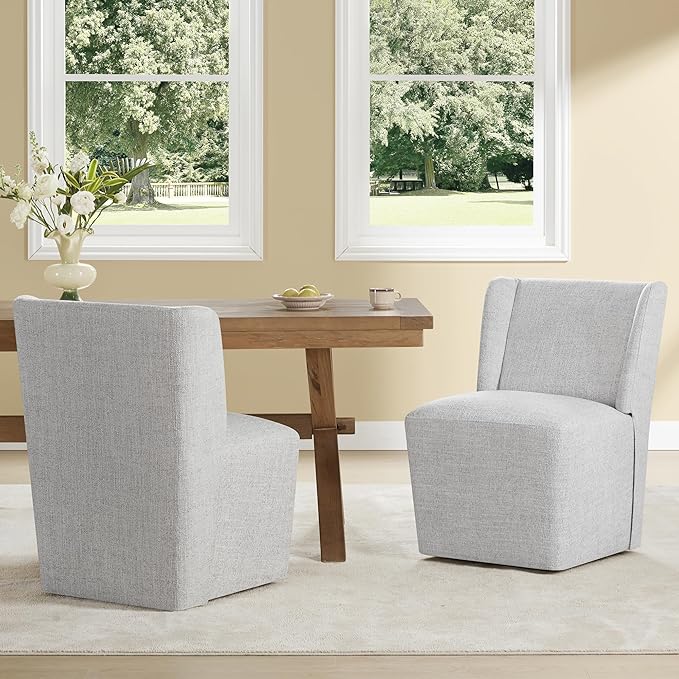 Upholstered Dining Chair with Casters Wingback Modern Side Armless Deskchair with Rollers for Diningroom Bedroom Livingroom Reading Room,Light Grey,2 Box