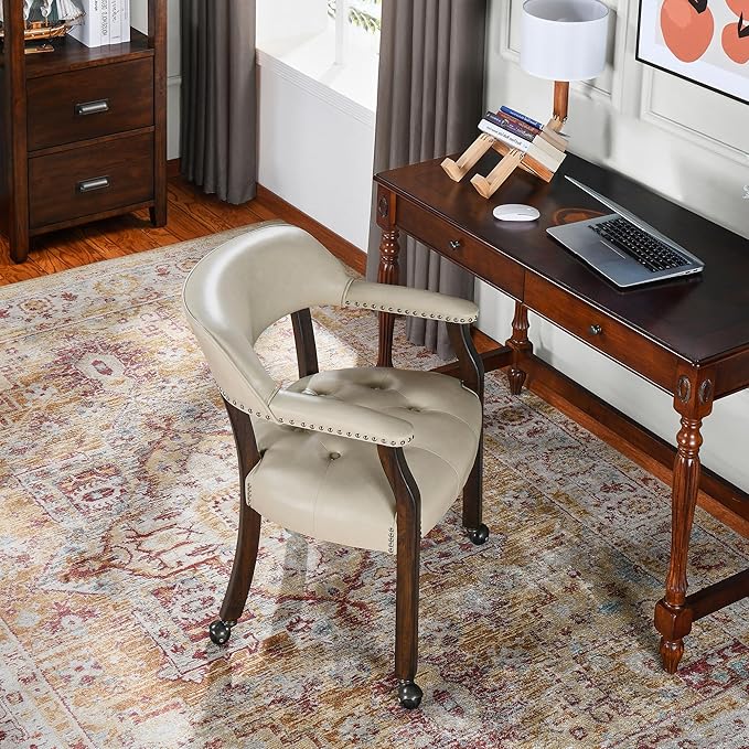 LEEMTORIG Large Dining Chairs with Casters and Arms, Rolling Dining Chairs with Wheels, Solid Wood Office Desk Chairs, 26“Dx25.2 Wx31.5“H, Espresso Legs & Beige PU, XXY-1910-BG