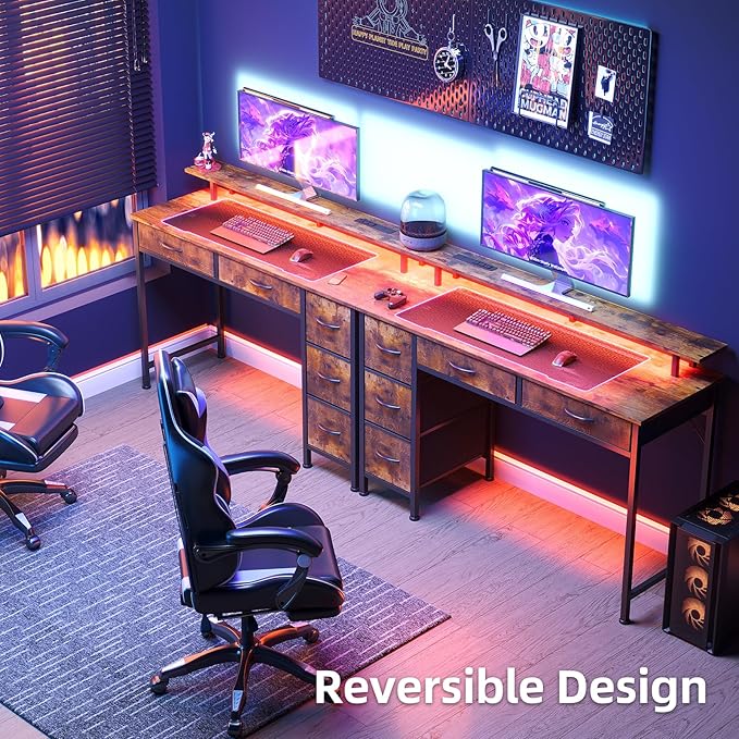 Computer Desk with 5 Drawers, Gaming Desk with LED Lights Power Outlets and Type-C, 39 Inch Office Desk with Storage, Monitor Stand, Writing Desk Work Table for Home Office, Small Spaces, Rustic Brown