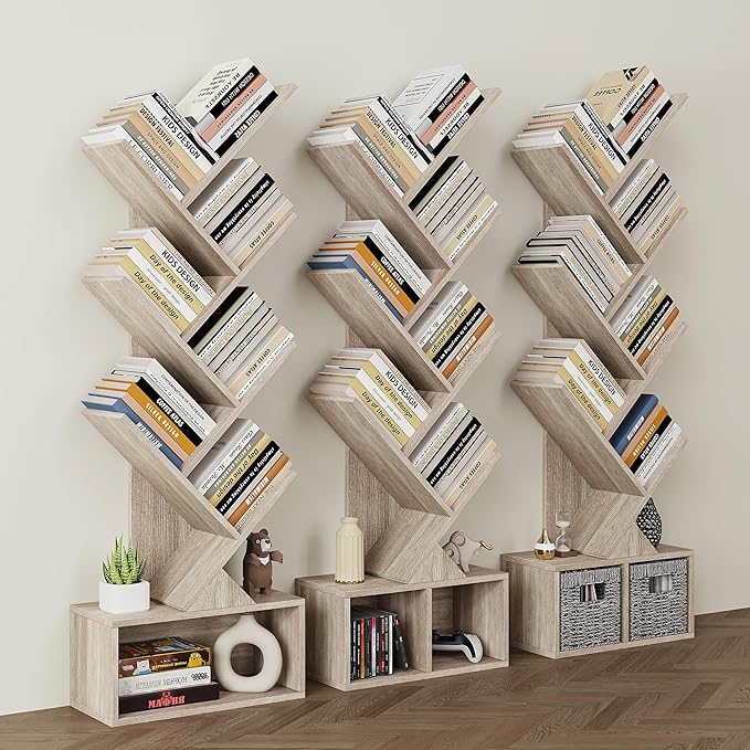 Vagusicc 6 Tier Tree Bookshelf, Small Bookcase with Storage Cabinet, Modern Tall Narrow Bookshelves Organizer, Floor Standing Book Shelf for Bedroom/Living Room/Home Office/Corner, Rustic Greige