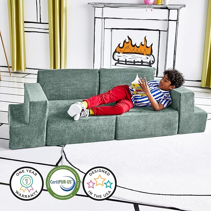 Yourigami Kids and Toddler Play Gym, Playroom Couch Set, Durable Modular Design, Green Meadows