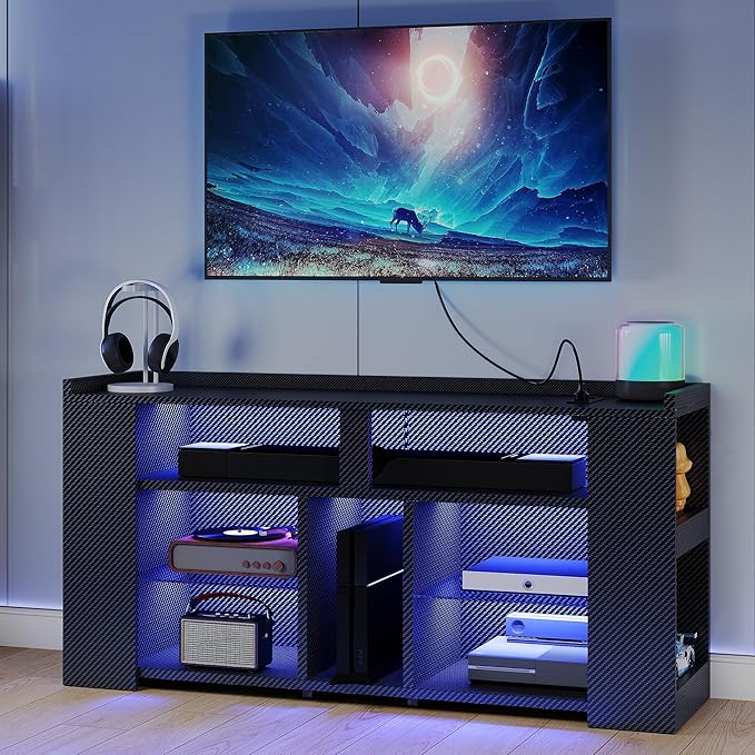 IRONCK Entertainment Center with Storage, 47 Inch Tall TV Stand W/Power Outlet, LED Gaming TV Cabinet for PS4, Black TV Stand with Carbon Fiber