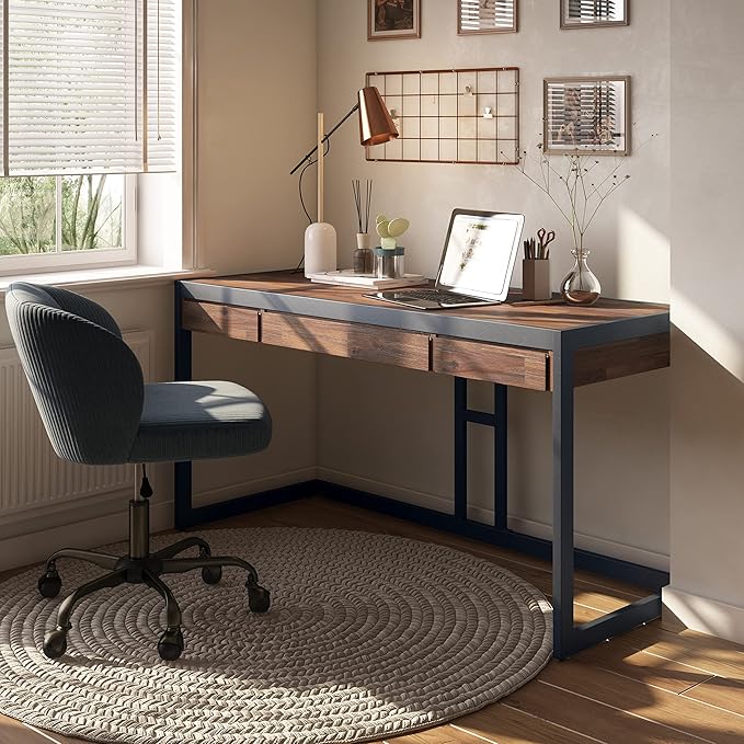 SIMPLIHOME Erina Desk - 60-Inch Wide Solid Acacia Wood and Metal Writing Desk in Distressed Charcoal Brown, Modern Industrial Home Office Computer Table for Study with 2 Drawers and Keyboard Tray