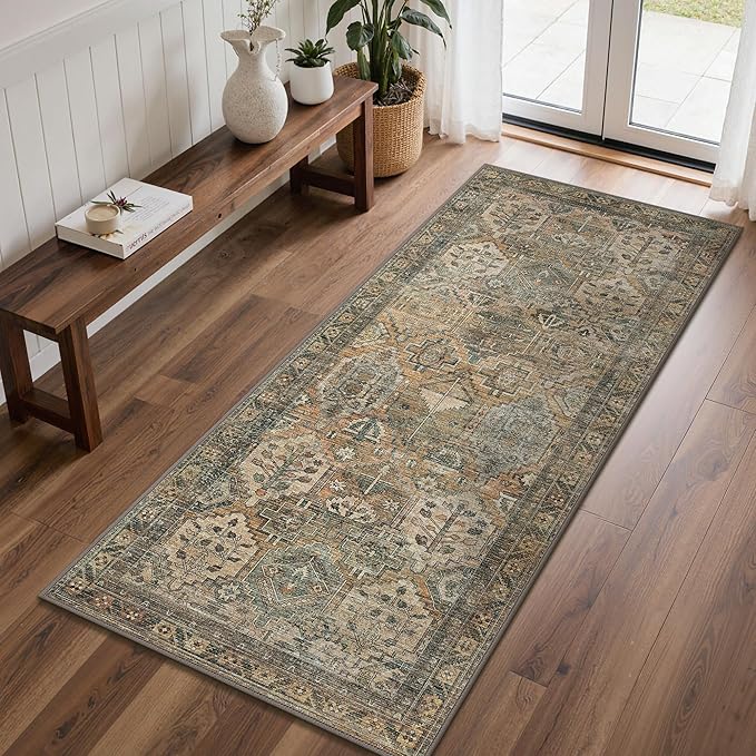 GENIMO 2x7 Runner Rugs for Hallway, Machine Washable Non Slip Vintage Rugs, Low Pile Lightweight Soft Print Rug for enrtyway, Corridor, Home Office, Kitchen, Warm Taupe
