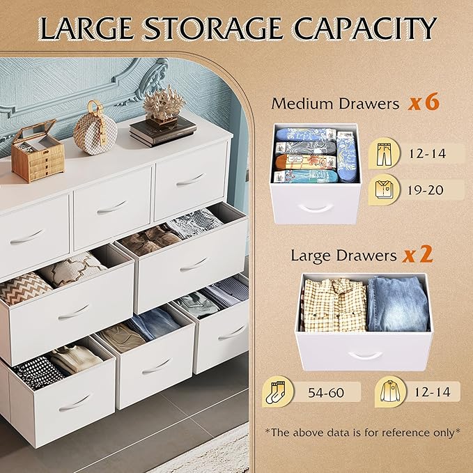 WLIVE 8 Drawer Dresser for Bedroom, Fabric White Dresser with Large Storage Drawer Unit for Entryway, Chest of Drawers for Living Room