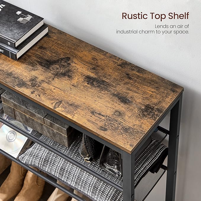 VASAGLE 5 Tier Shoe Rack for Closet, Entryway, 20-25 Pairs of Shoes, Large Shoe Organizer with 4 Metal Mesh Shelves, 11.8 x 47.2 x 36.4 Inches, Rustic Brown and Black ULBS205B01