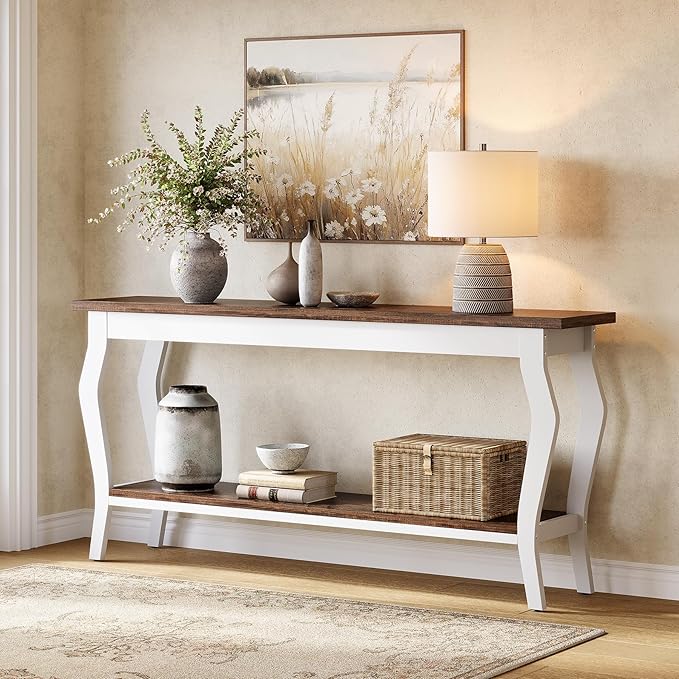 LITTLE TREE 70.9 Inches Long Console Table, 2-Tier Vintage Wooden Sofa Table Behind The Couch with Metal Legs for Hallway, Entryway, Living Room, Brown & White