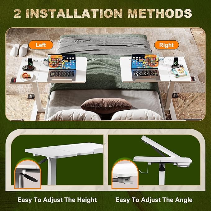 Standing Desk, Medical Overbed Table with Rolling Tray and Power Outlet, Dual Pneumatic Angle and Height Adjustable Desk, Portable Side Table with Drawer, Home & Hospital Use, White